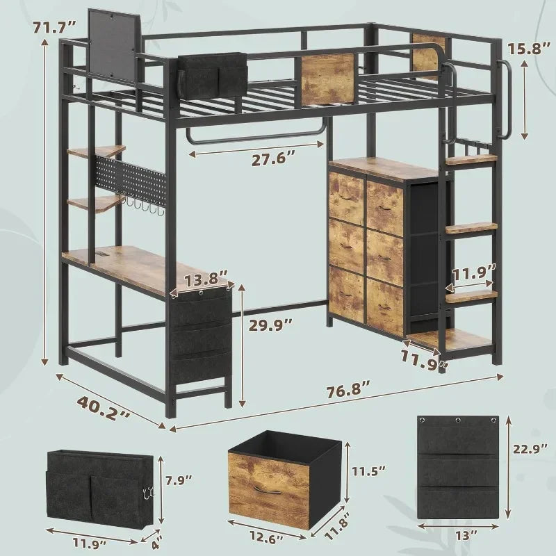 Twin Loft Bed with Desk, Twin Bed Frame with 6 Storage Drawers, 2 Bedside Organizer, 3 Movable Hooks, LED Lights