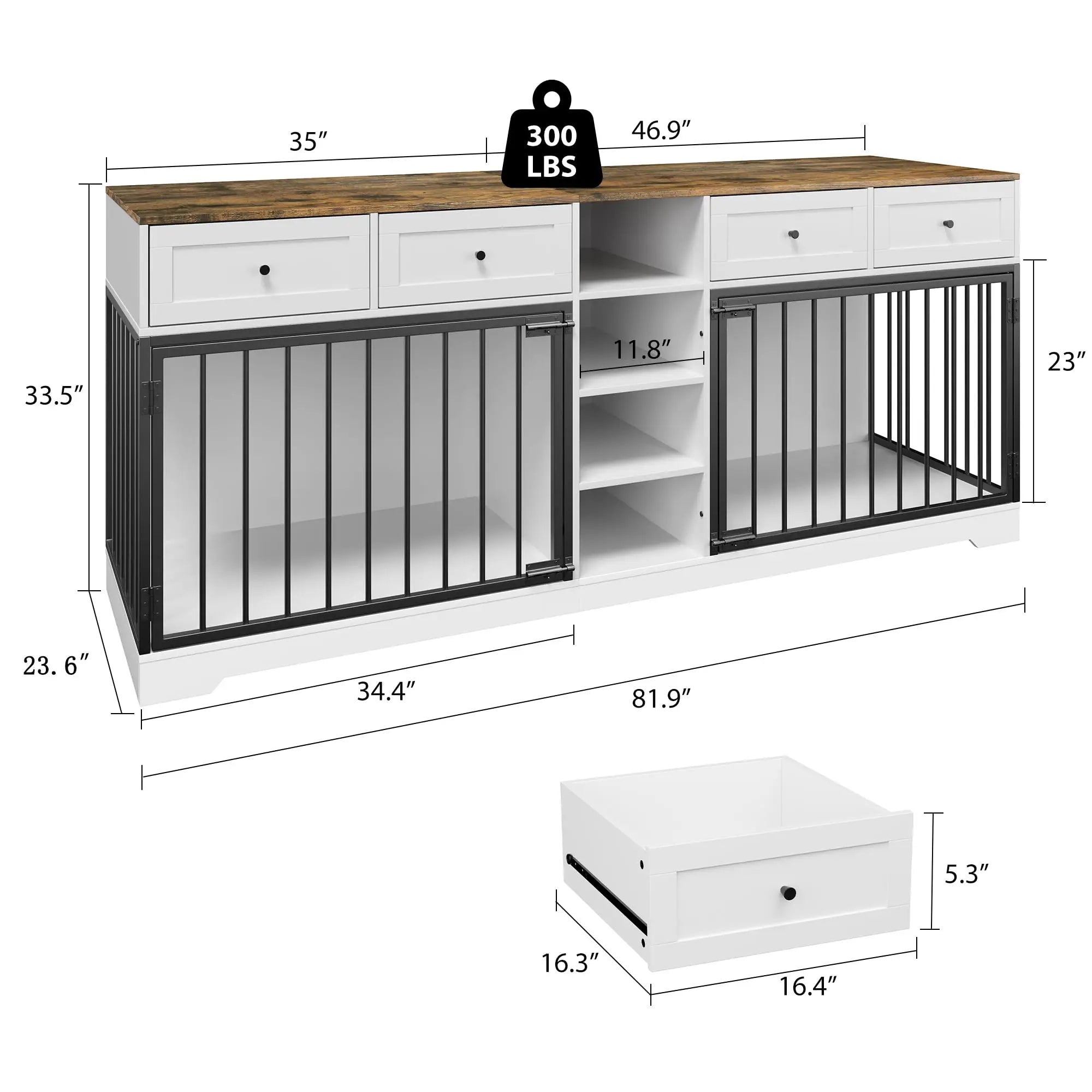 82'' Large Double Dog Crate TV Stand With 4 Drawers, Shelves