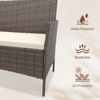 4 Piece Patio Furniture Set, Outdoor Rattan Bistro Set With Cushioned Sofa, 2 Chairs, Glass Table For Porch Backyard