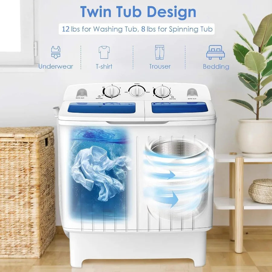Portable Twin Tub Semi-Automatic Mini Washer and Dryer Combo for Apartment Dorm RV