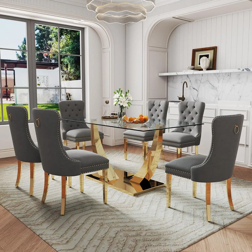63" Gold Rectangular Glass Kitchen Table with 6 Beige High Back Chairs