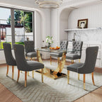 63" Gold Rectangular Glass Kitchen Table with 6 Beige High Back Chairs
