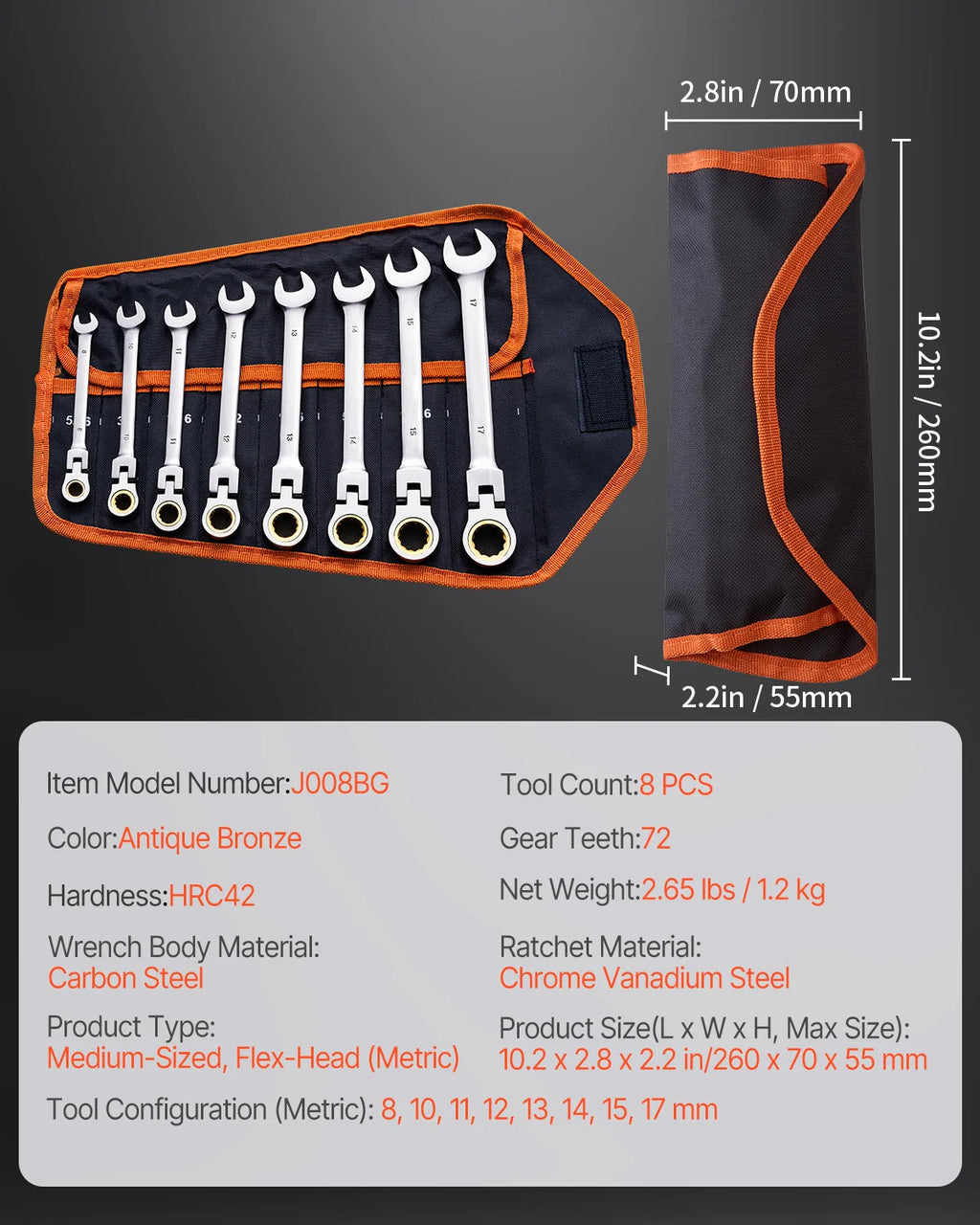 Flex-Head Ratcheting Wrench Set 8pcs Combination WrenchSet Roll-up PouchSteel Flexible Ratcheting Wrench Set SAE Metric