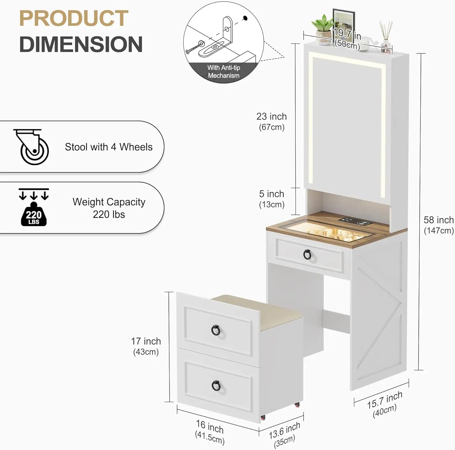 Small Compact Makeup Vanity Set with Hidden Storage Stool, Glass Top Dressing Table