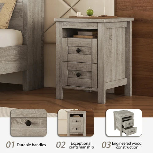 3-Pieces Bedroom Sets Full/ Queen Size Farmhouse Platform Bed with Double Sliding Door Storage Headboard and Charging Station