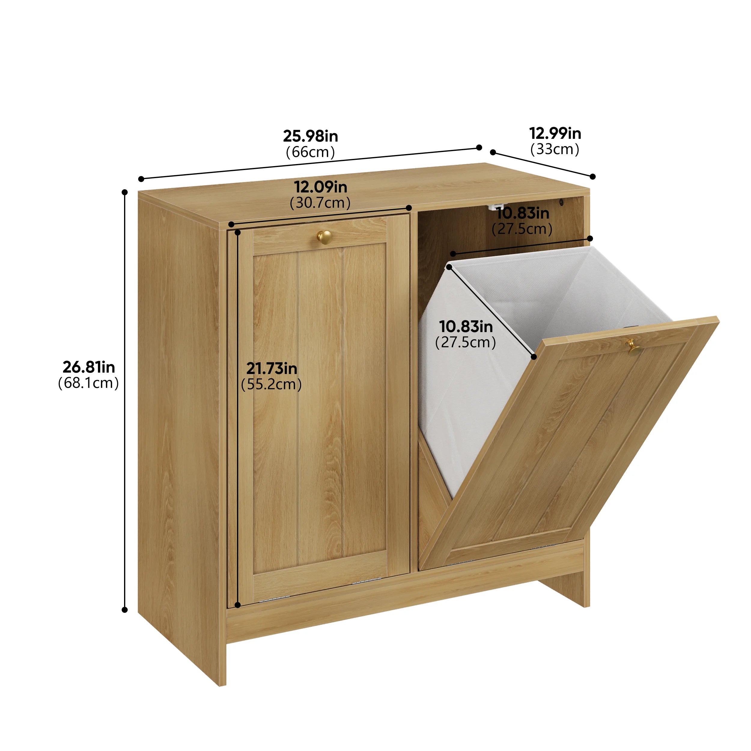 Tilted Laundry Hamper with 2 Removable Baskets, Free-Standing with Anti-Tip Kit, Oak