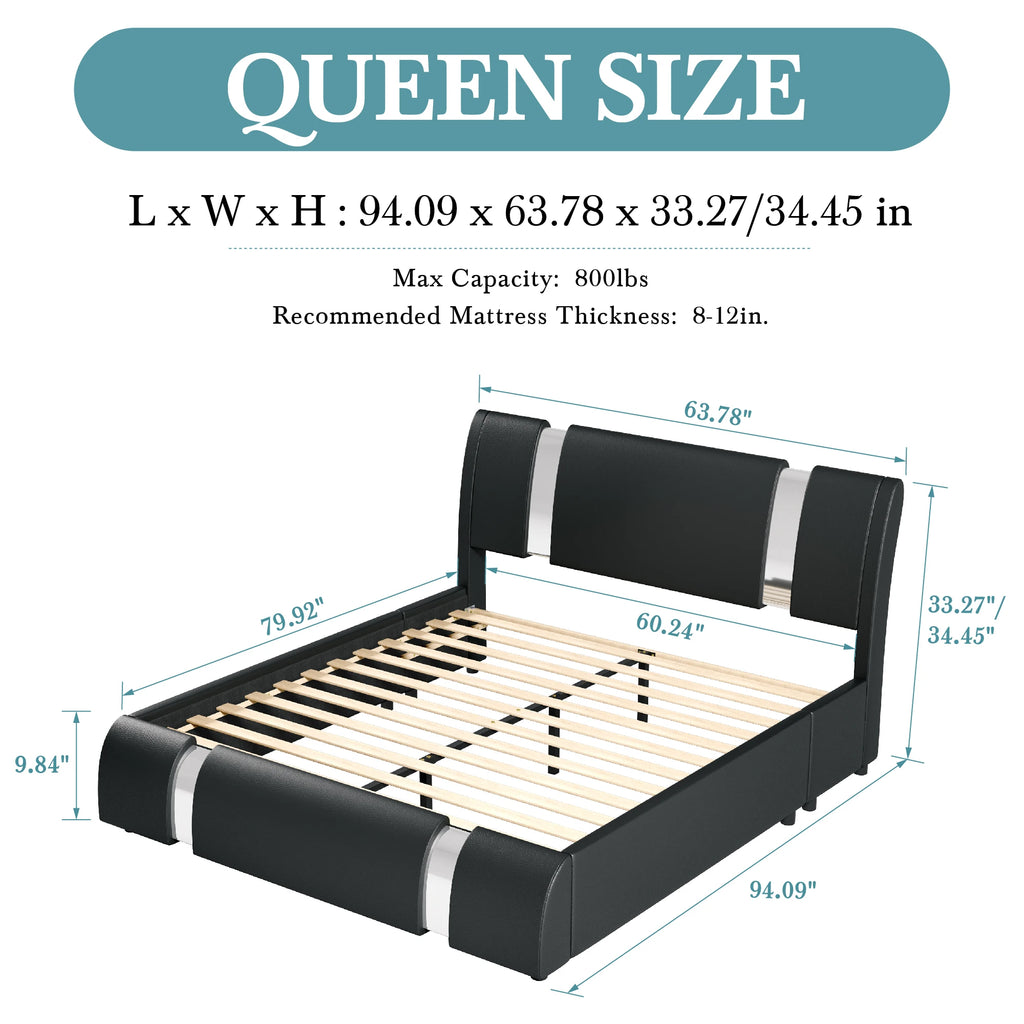 Modern Faux Leather Bed Frame with Iron Pieces Decor, Low Profile Platform Bed Adjustable Headboard