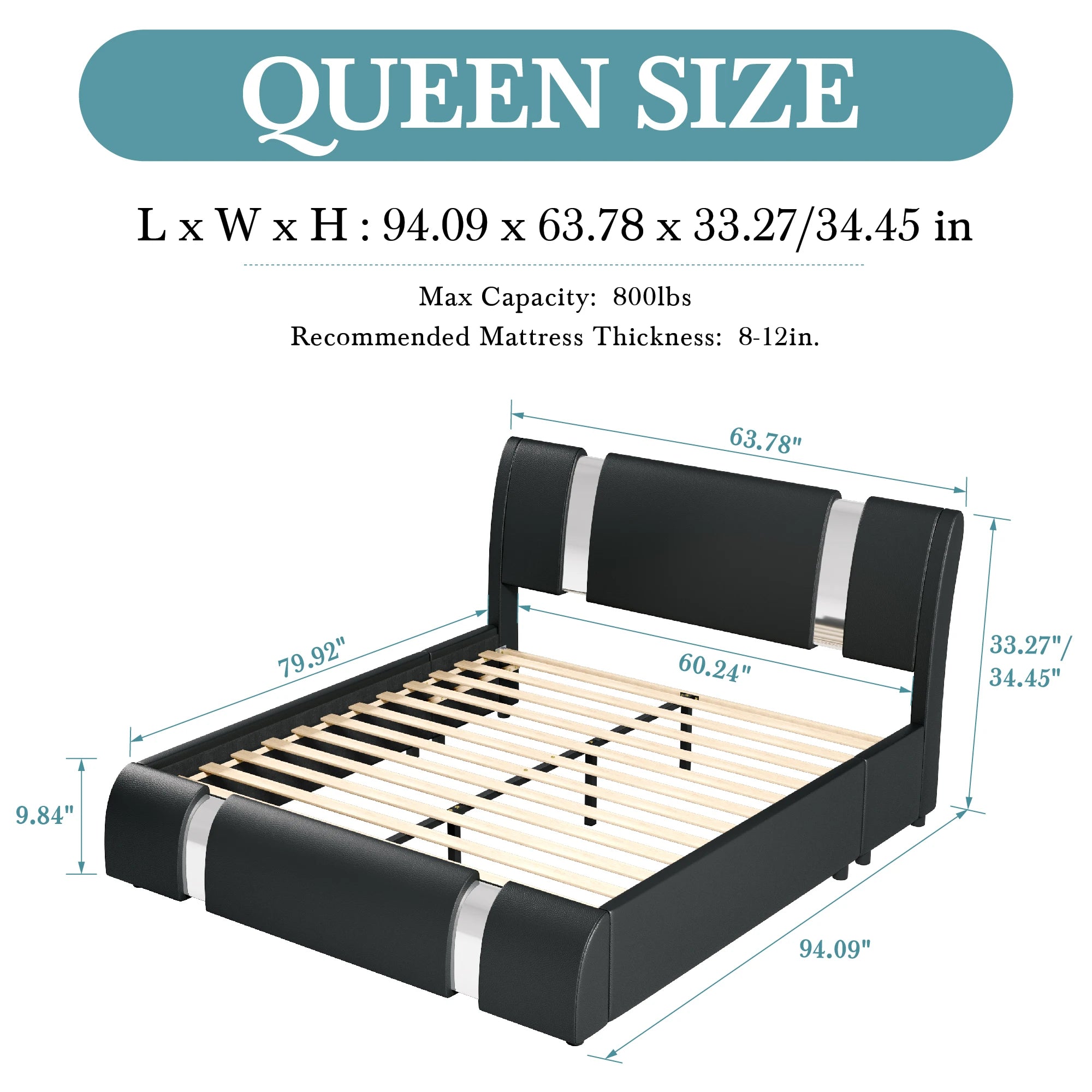 Modern Faux Leather Bed Frame with Iron Pieces Decor, Low Profile Platform Bed Adjustable Headboard