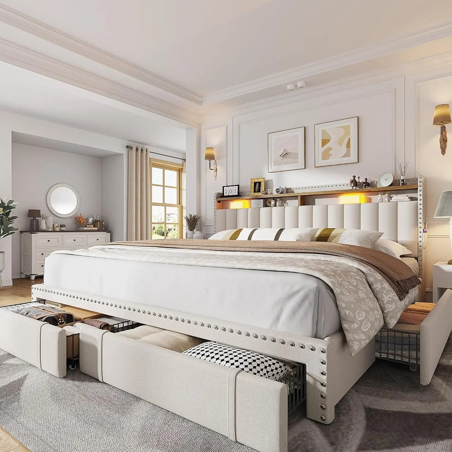 Upholstered King Bed Frame and headboard with 2-Tier Shelves, 4 Drawers