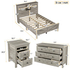 3-Pieces Bedroom Sets Full/ Queen Size Farmhouse Platform Bed with Double Sliding Door Storage Headboard and Charging Station