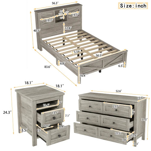 3-Pieces Bedroom Sets Full/ Queen Size Farmhouse Platform Bed with Double Sliding Door Storage Headboard and Charging Station