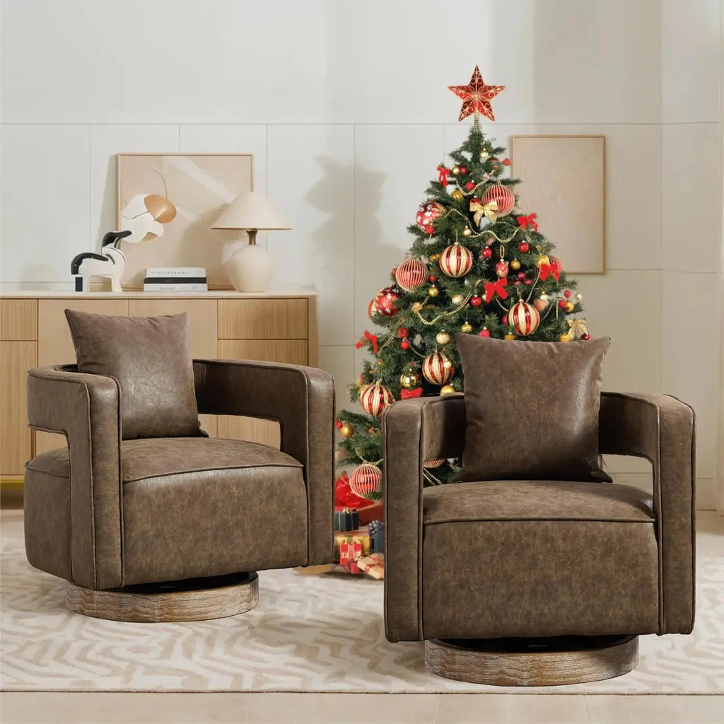 Upholstered Swivel Accent Chair Set of 2 Linen Open Back Barrel Chair with Pillow