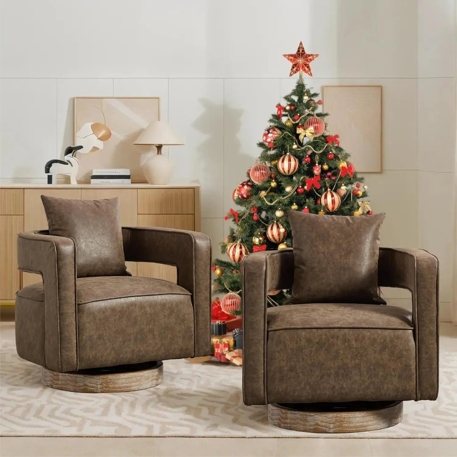 Upholstered Swivel Accent Chair Set of 2 Linen Open Back Barrel Chair with Pillow