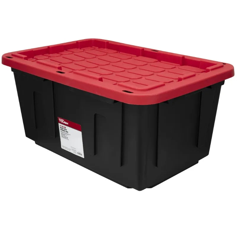 (6 pack/ 4pack) Large Storage Bin, 27 Gallon Plastic Storage Container with Snap-On Lid, Black and Red