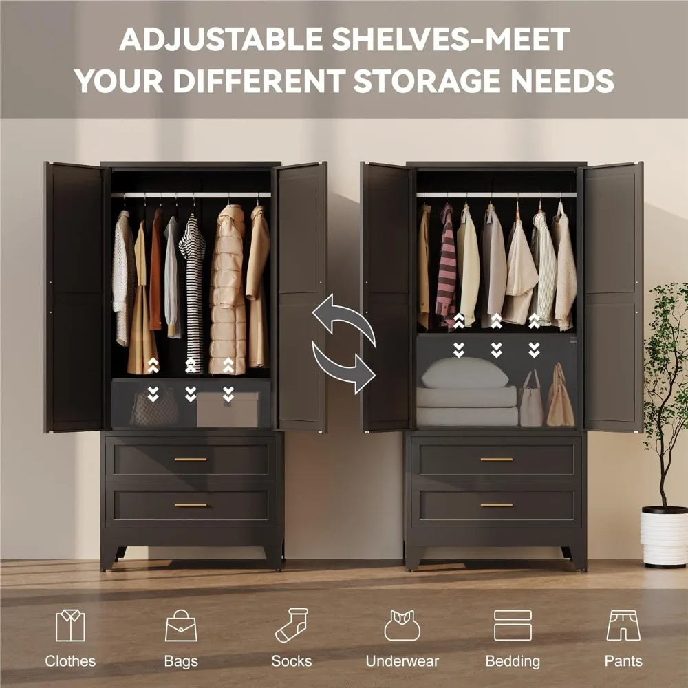 71" Metal Wardrobe Cabinet with Hanging Rod, Adjustable Shelves