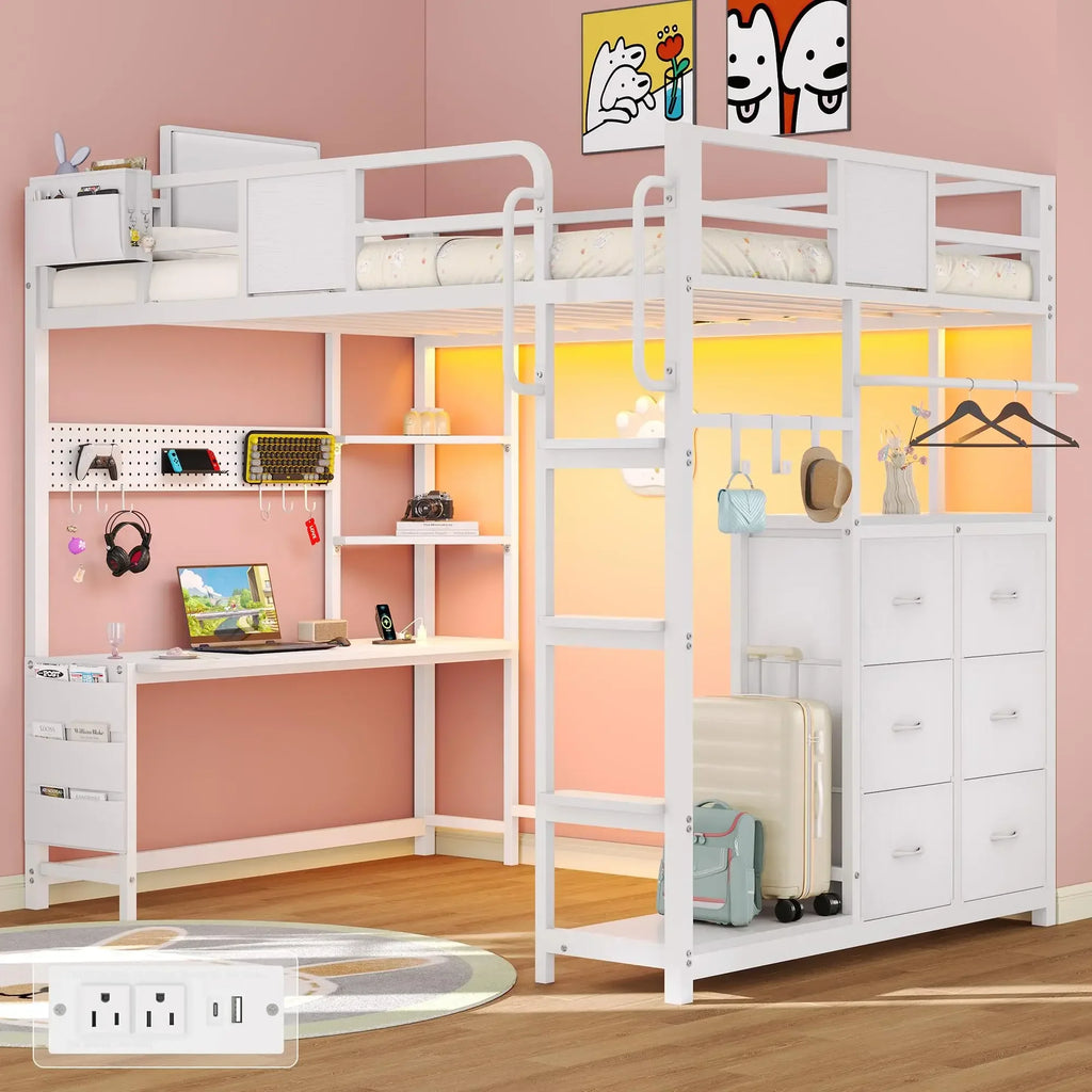 Twin Loft Bed with Desk, Twin Bed Frame with 6 Storage Drawers, 2 Bedside Organizer, 3 Movable Hooks, LED Lights