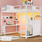 Twin Loft Bed with Desk, Twin Bed Frame with 6 Storage Drawers, 2 Bedside Organizer, 3 Movable Hooks, LED Lights