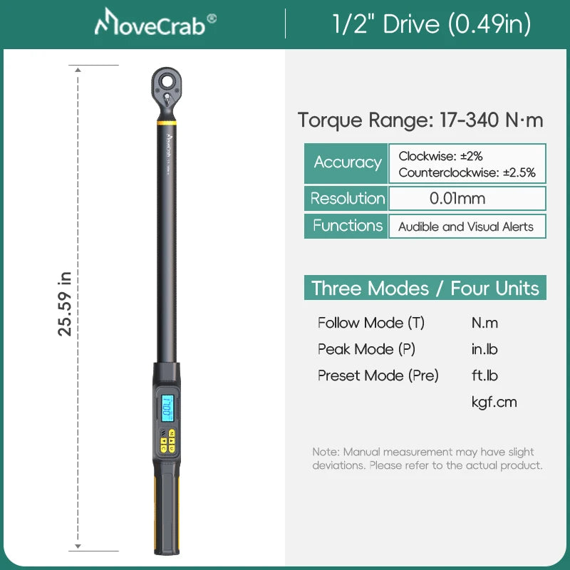 Digital Torque Wrench 1-340N.m 2% Accuracy Preset & LED/Buzzer Alerts for Bike Motorcycles Automotive Mechanical Tool