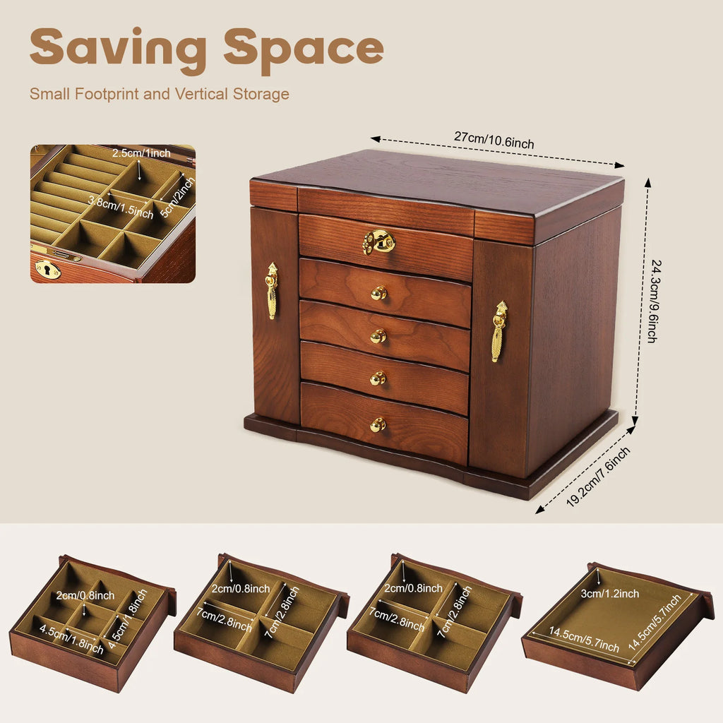 Wooden Jewelry Box with Lock Retro Drawer Style Display