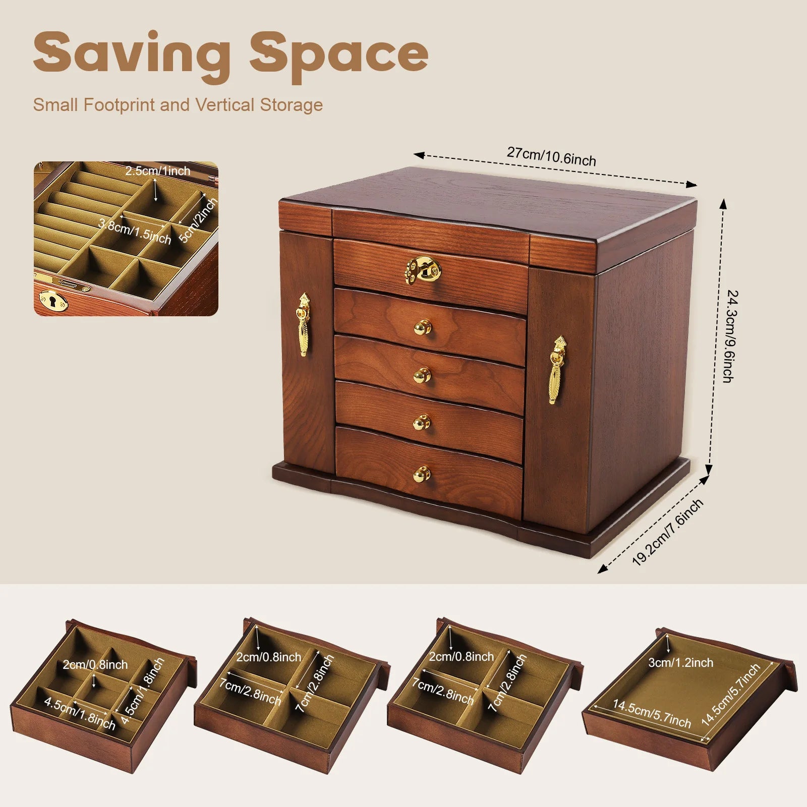 Wooden Jewelry Box with Lock Retro Drawer Style Display