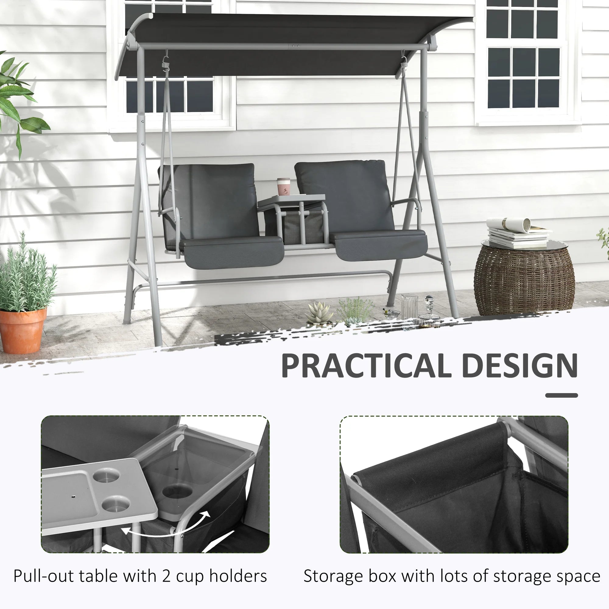 Outdoor Swing Chair Canopy Patio Garden Hanging 2 Person Yard Furniture Gray