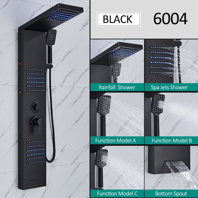 Black LED Shower Panel Tower System, Rain Waterfall Massage Body Spa