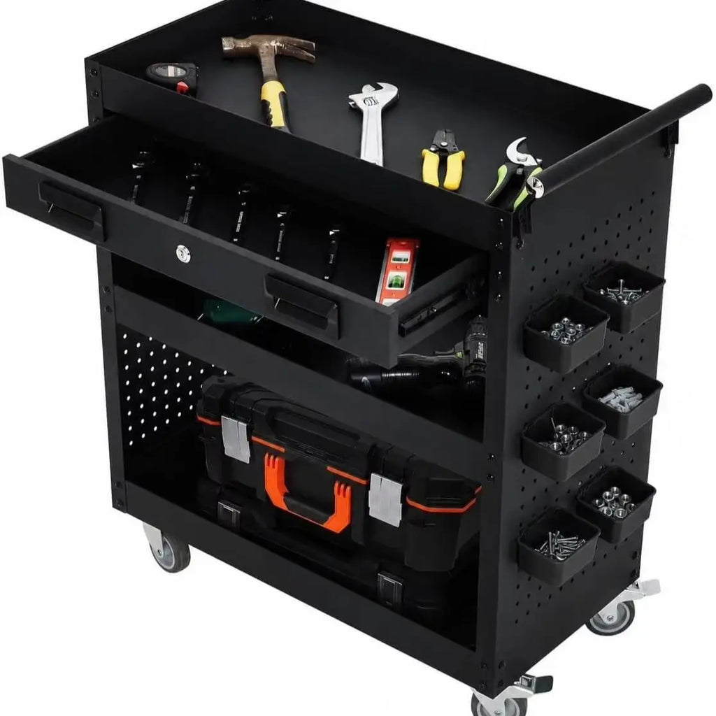 27 Inch Rolling Tool Cart, 3 Tier Steel Utility Cabinet with Drawer, Mobile Storage Organizer with Locking Casters for Garage Workshop Office, Black