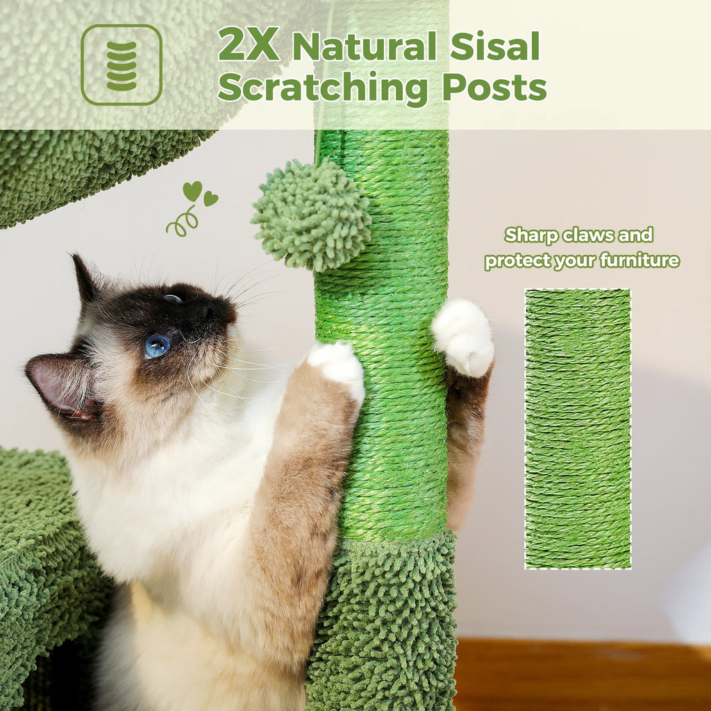 Cactus Cat Tree with Large Condo, Hammock, Dangling Ball, Scratching Post for Indoor