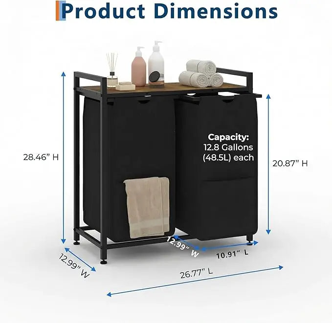 2 Compartments Laundry Basket with Shelf