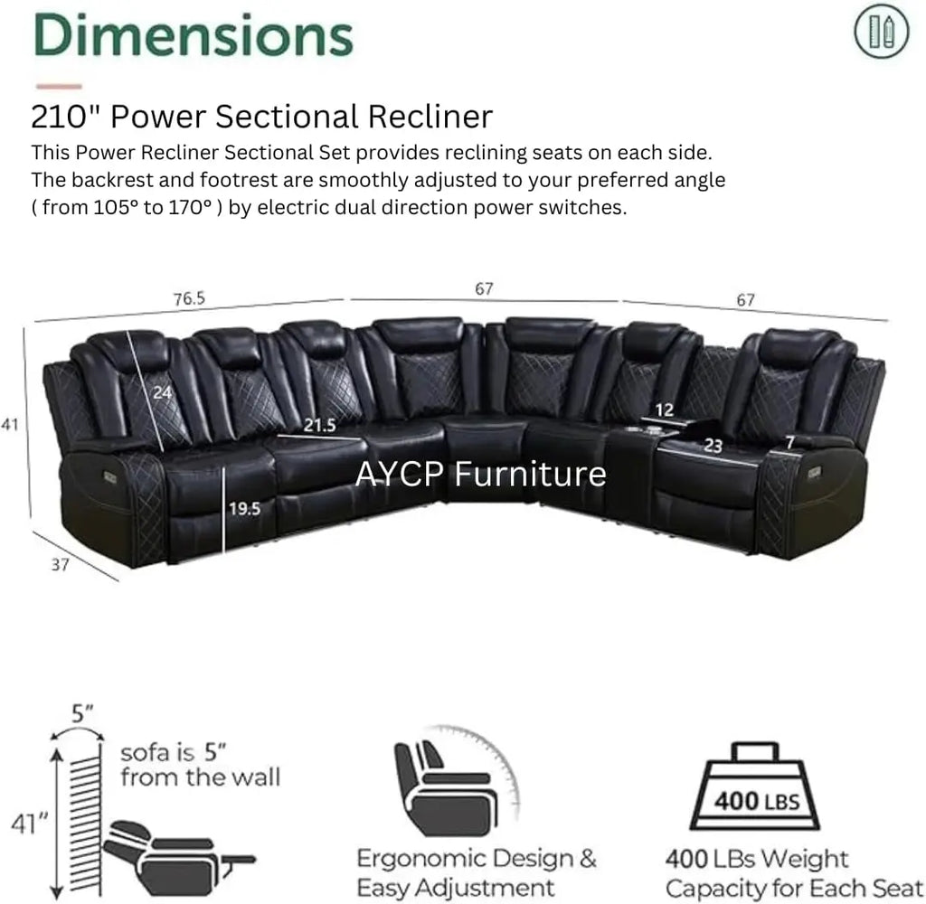 Power Recliner Sofa Sectional Sofa with LED Light for Living Room