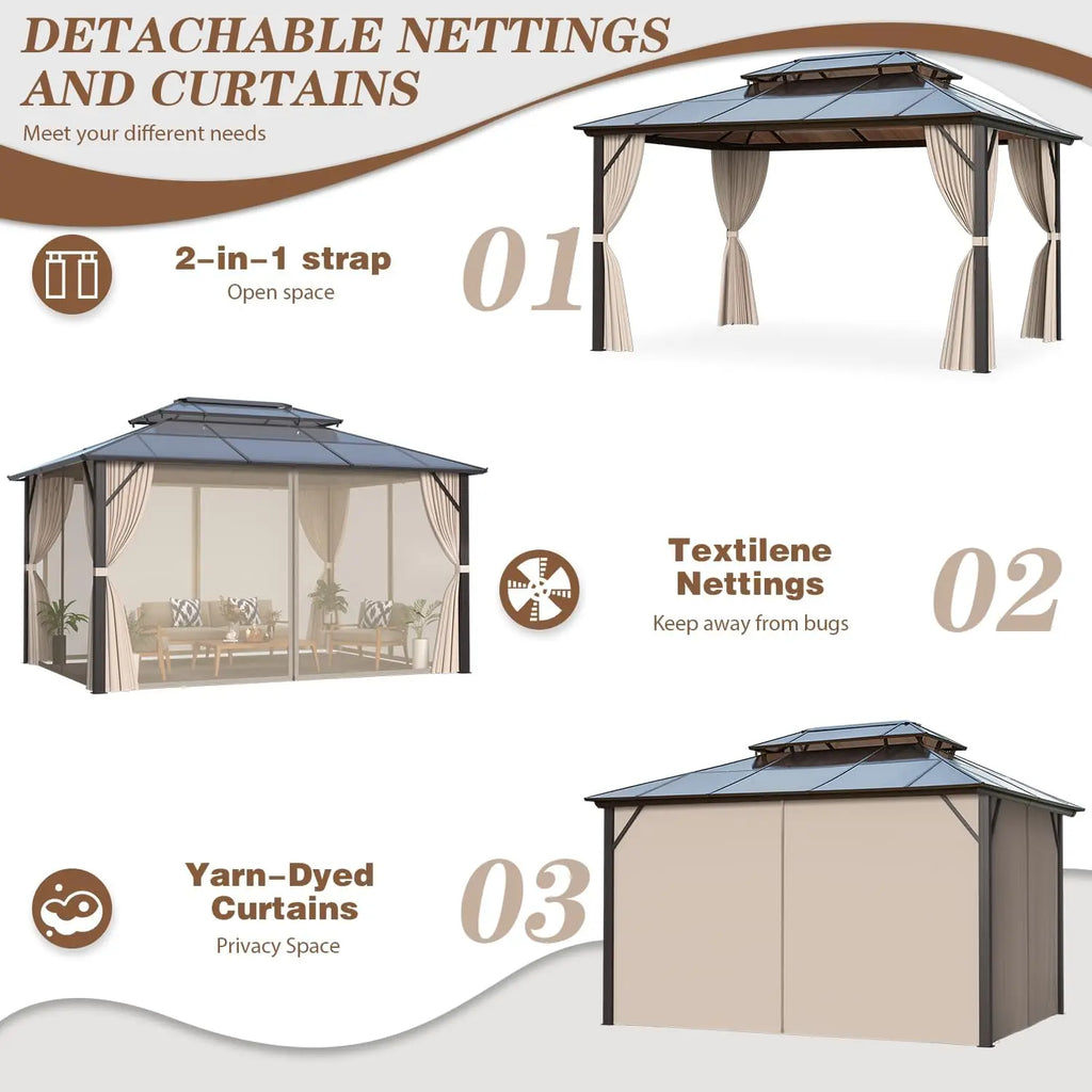 12' x 16' Gazebo Polycarbonate Double Roof Canopy Outdoor Aluminum Frame Pergola