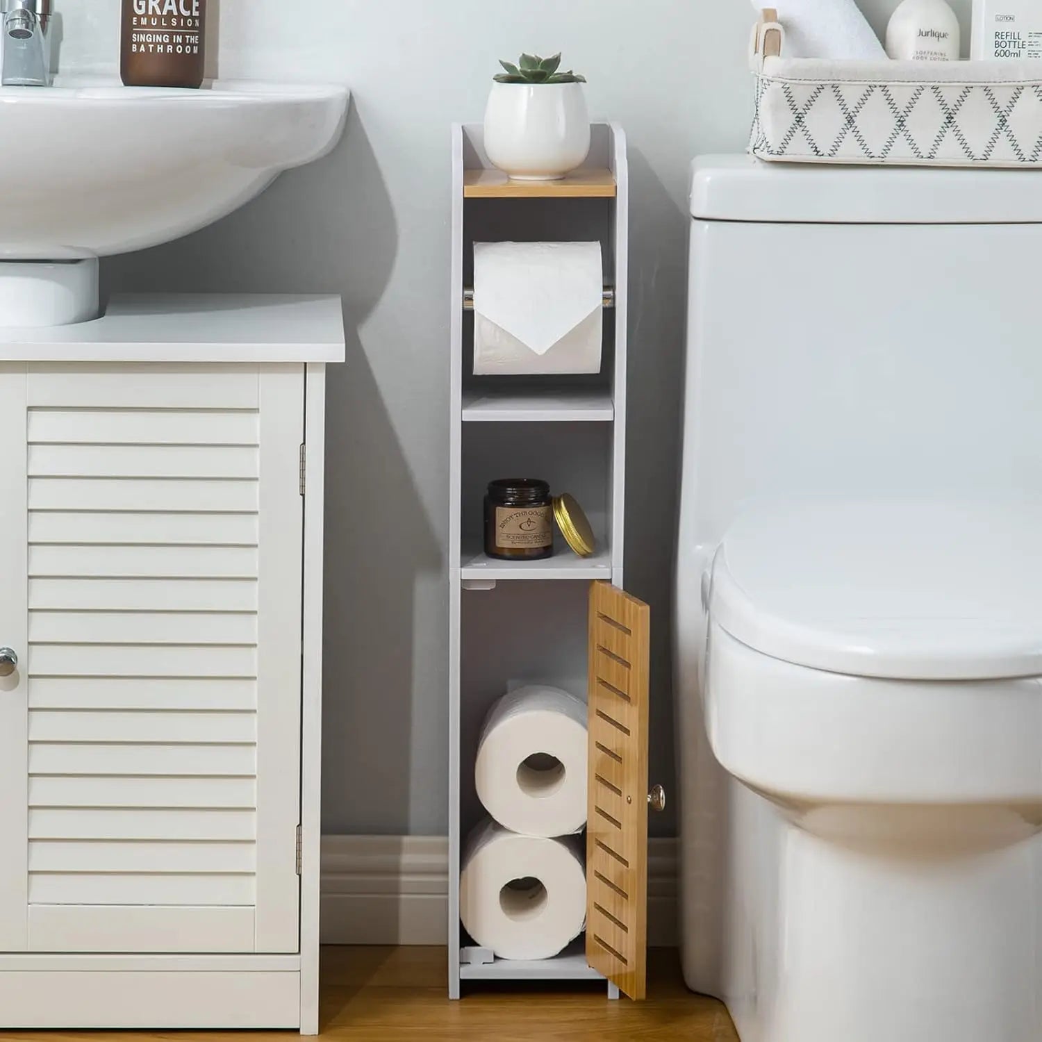 Small Bathroom Storage Cabinet with Toilet Paper Holder