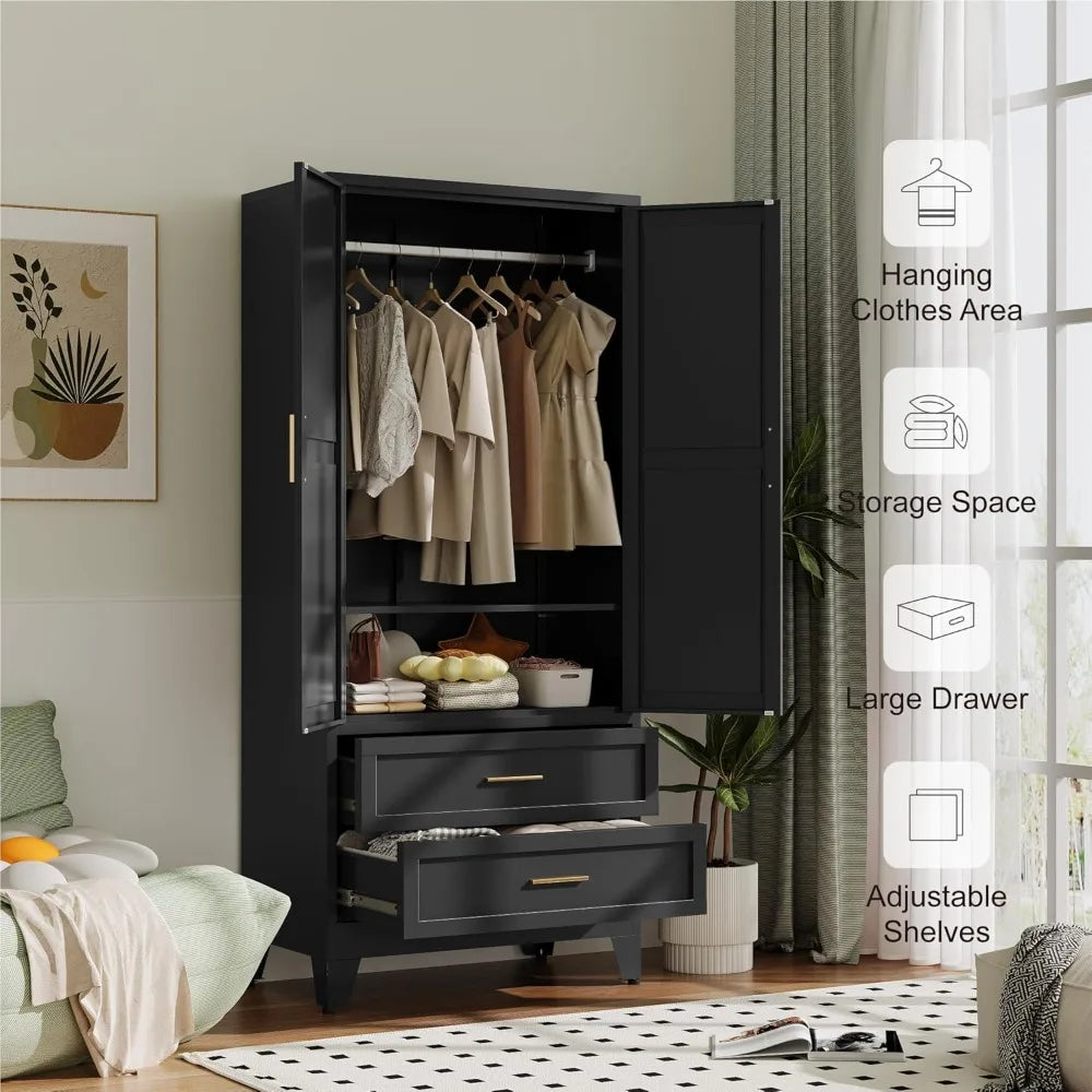 71" Metal Wardrobe Cabinet with Hanging Rod, Adjustable Shelves