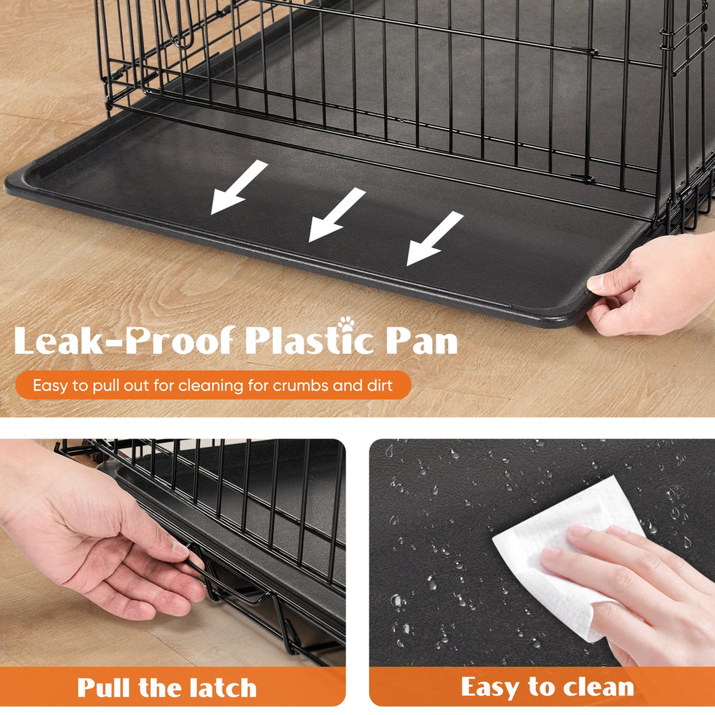 Double Door Folding Metal Wire Dog Crate with Plastic Leak-Proof Tray