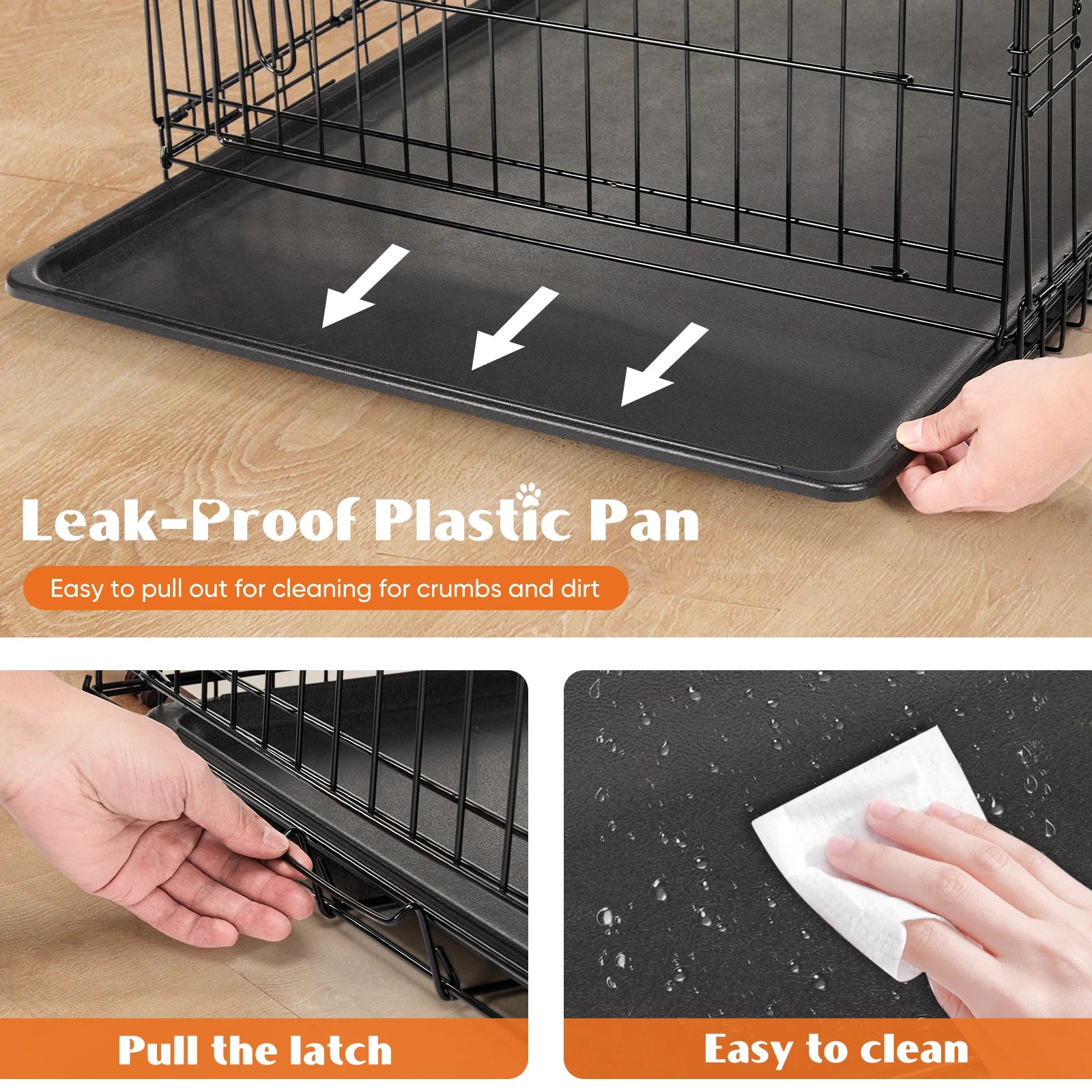 Double Door Folding Metal Wire Dog Crate with Plastic Leak-Proof Tray