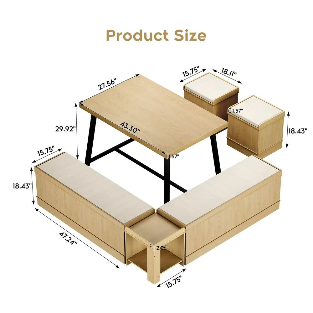 Corner Dining Table Set, 43 Inch Breakfast Nook Table Set with Bench with Hidden Storage amp 2 Ottomans, 5Piece