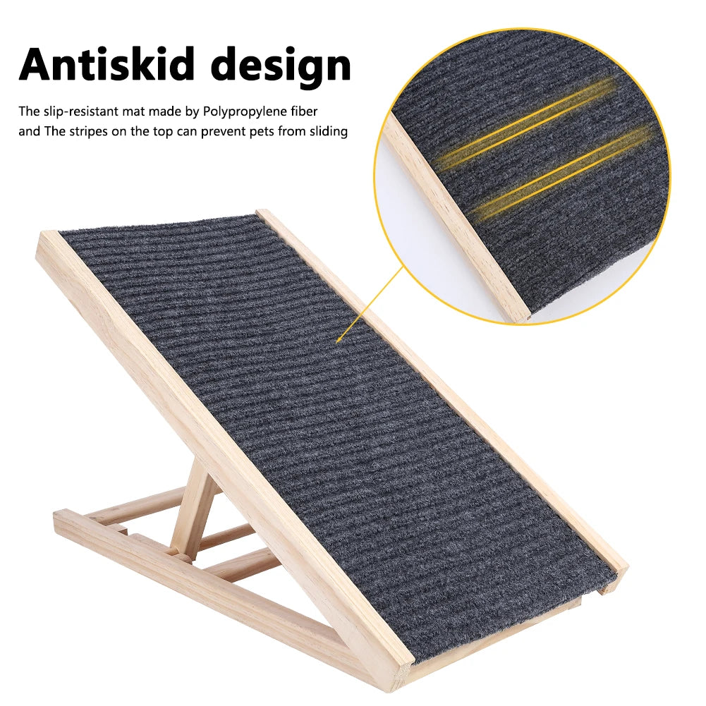 Dog Ramp, Natural Pine Wooden Lightweight Folding Anti-skid Adjustable 2 Height Climbing Ramp