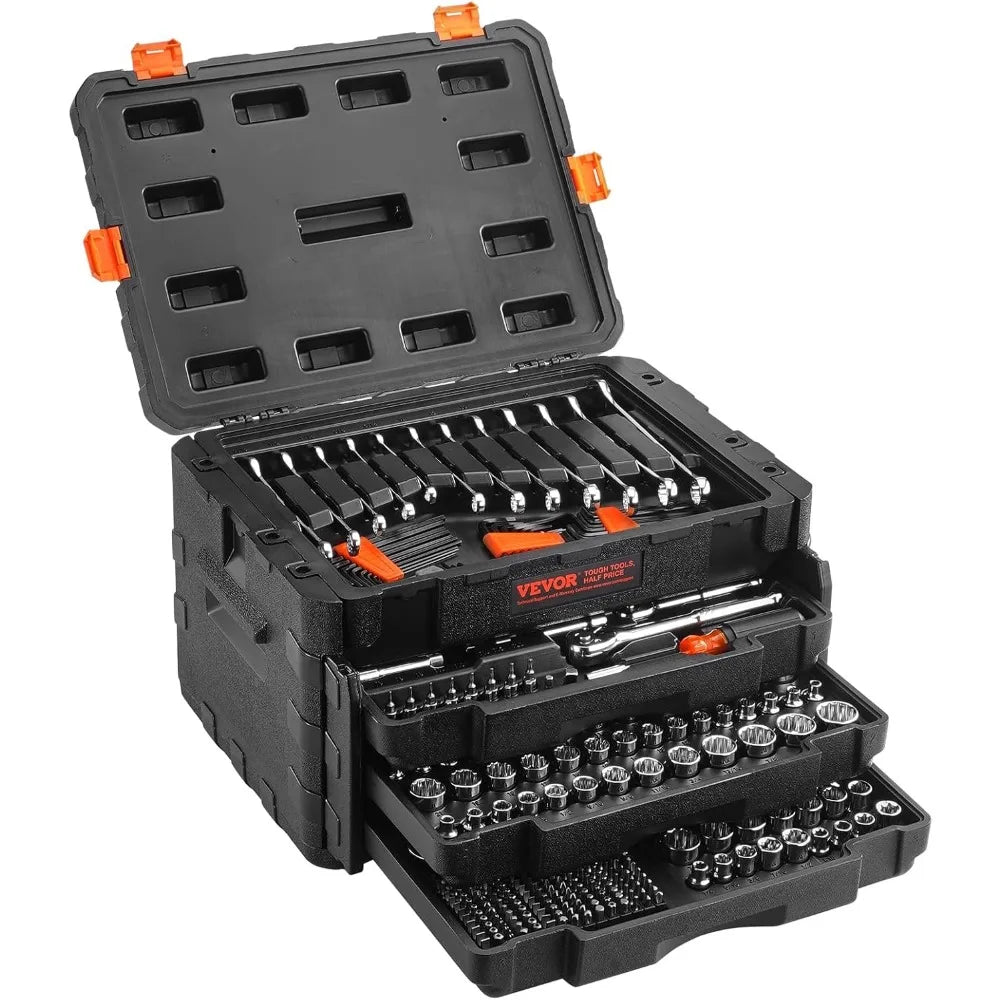 Mechanics Tool Set and Socket Set, 1/4 3/8 1/2 Drive Deep and Standard Sockets, 450 Pcs SAE and Metric