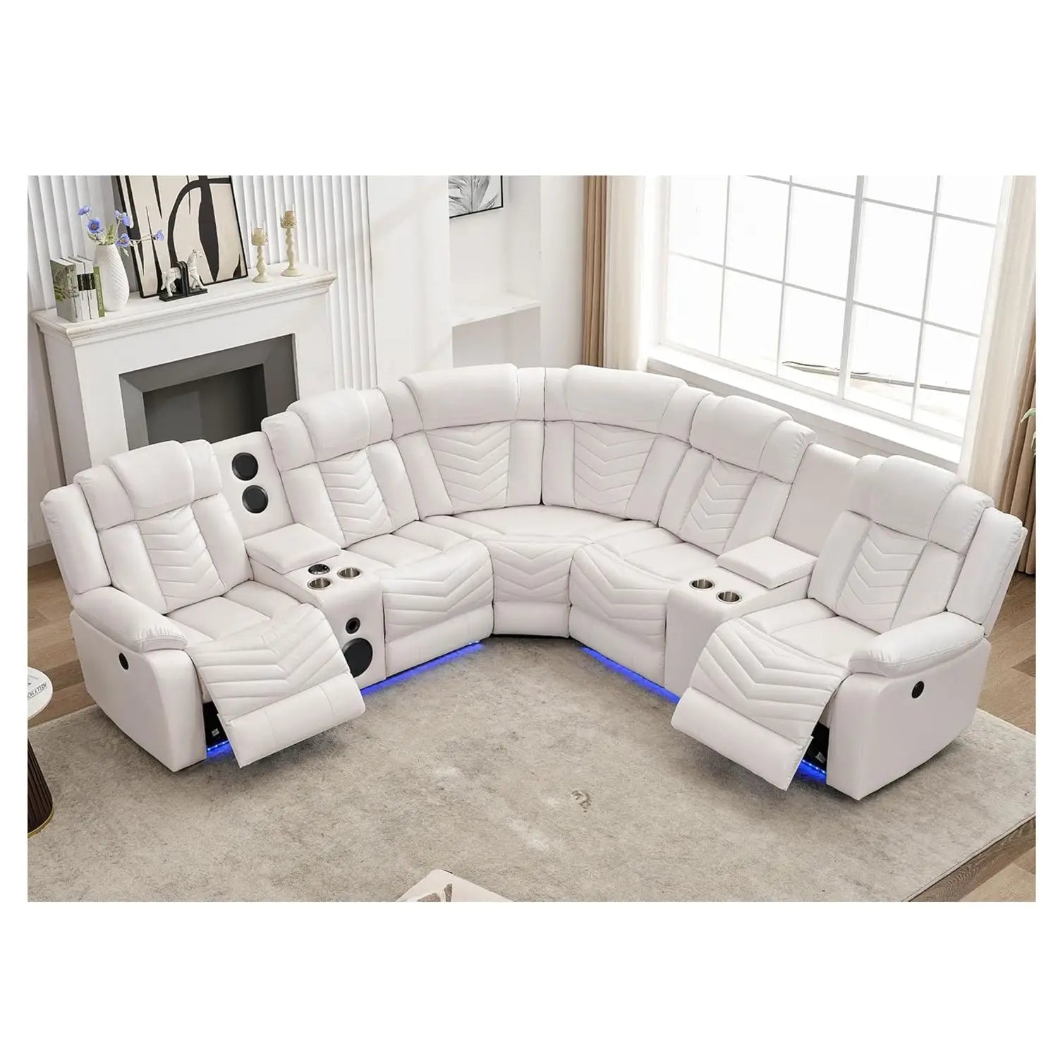 Electric Power Recliner Sectional Sofa With Bass Speakers & LED Lights – Faux Leather L-Shaped Corner Couches For Living Room