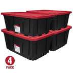 (6 pack/ 4pack) Large Storage Bin, 27 Gallon Plastic Storage Container with Snap-On Lid, Black and Red