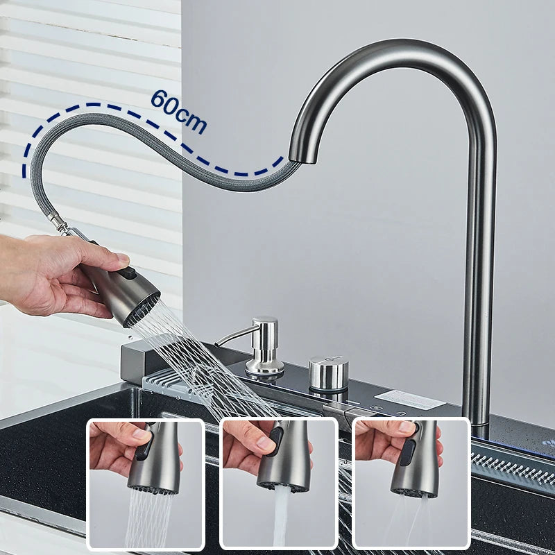 304 Stainless Steel Kitchen Sink with Digital Display Waterfall Faucet