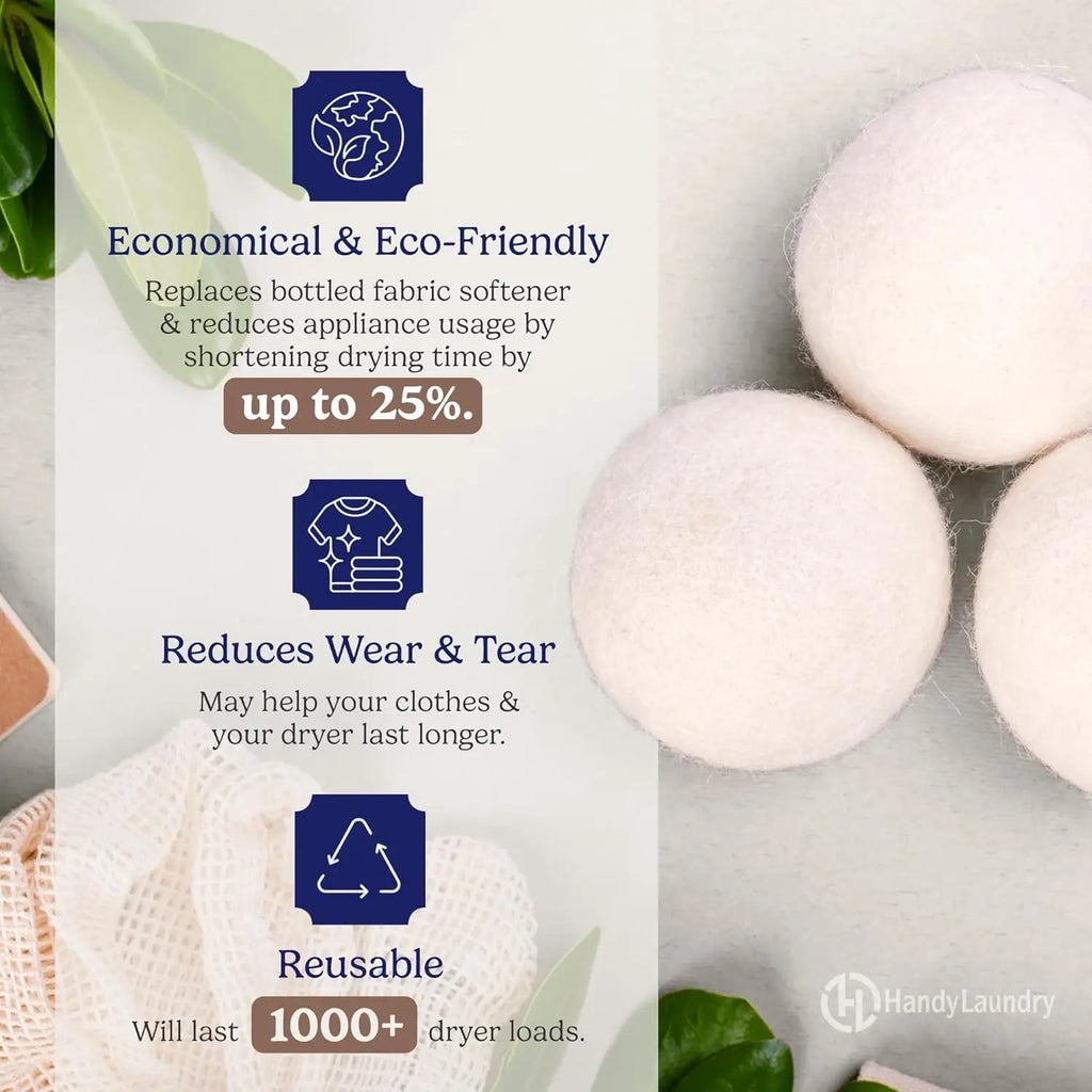Natural Wool Dryer Balls - Reusable Fabric Softener, Reduces Wrinkles and Saves Drying Time (6-Pack)