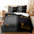 3Pcs King Queen Size Bedding Set Black Grey Gold Crown Duvet Cover Soft Microfiber Bed Set Couple Bed Linen (No Filler)
