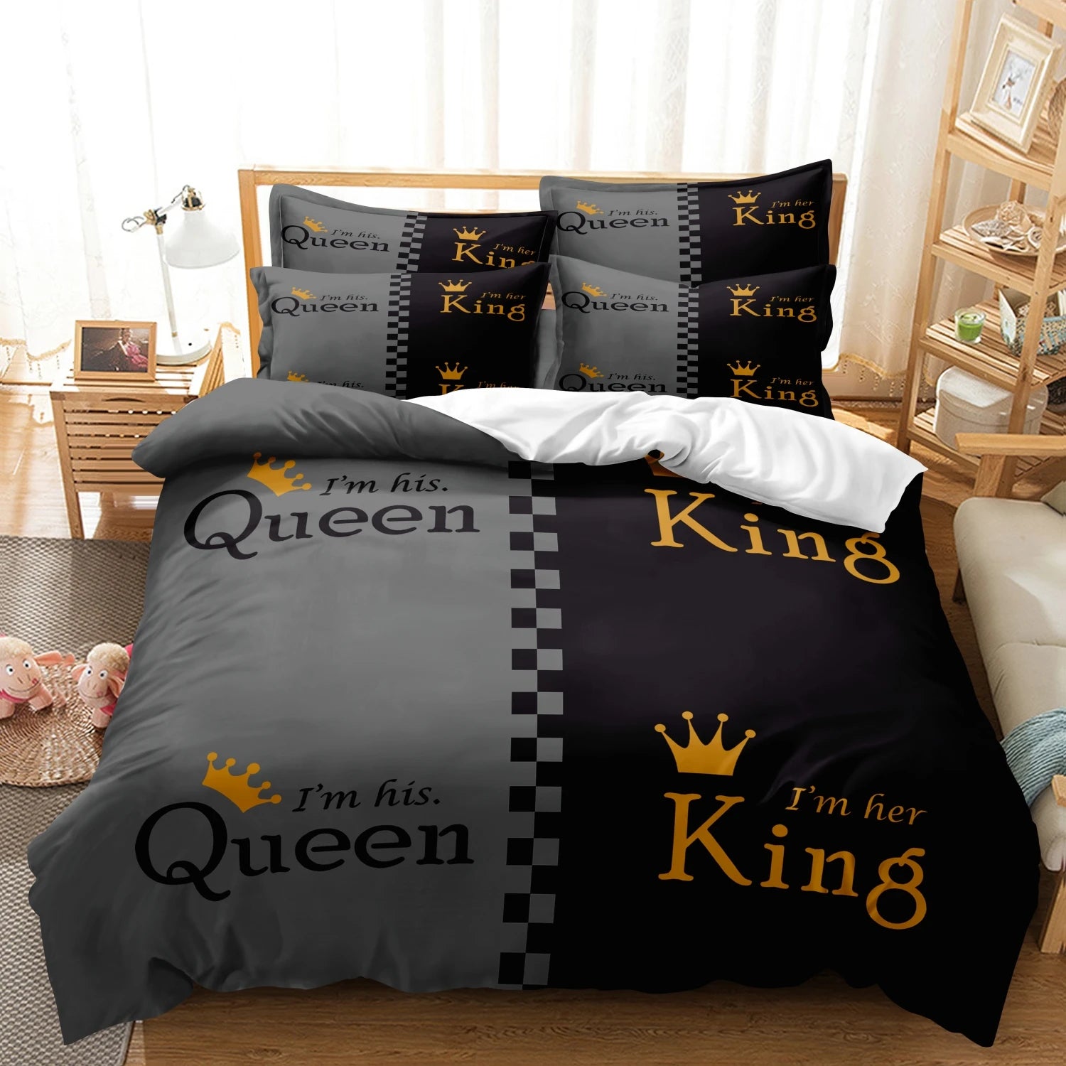 3Pcs King Queen Size Bedding Set Black Grey Gold Crown Duvet Cover Soft Microfiber Bed Set Couple Bed Linen (No Filler)