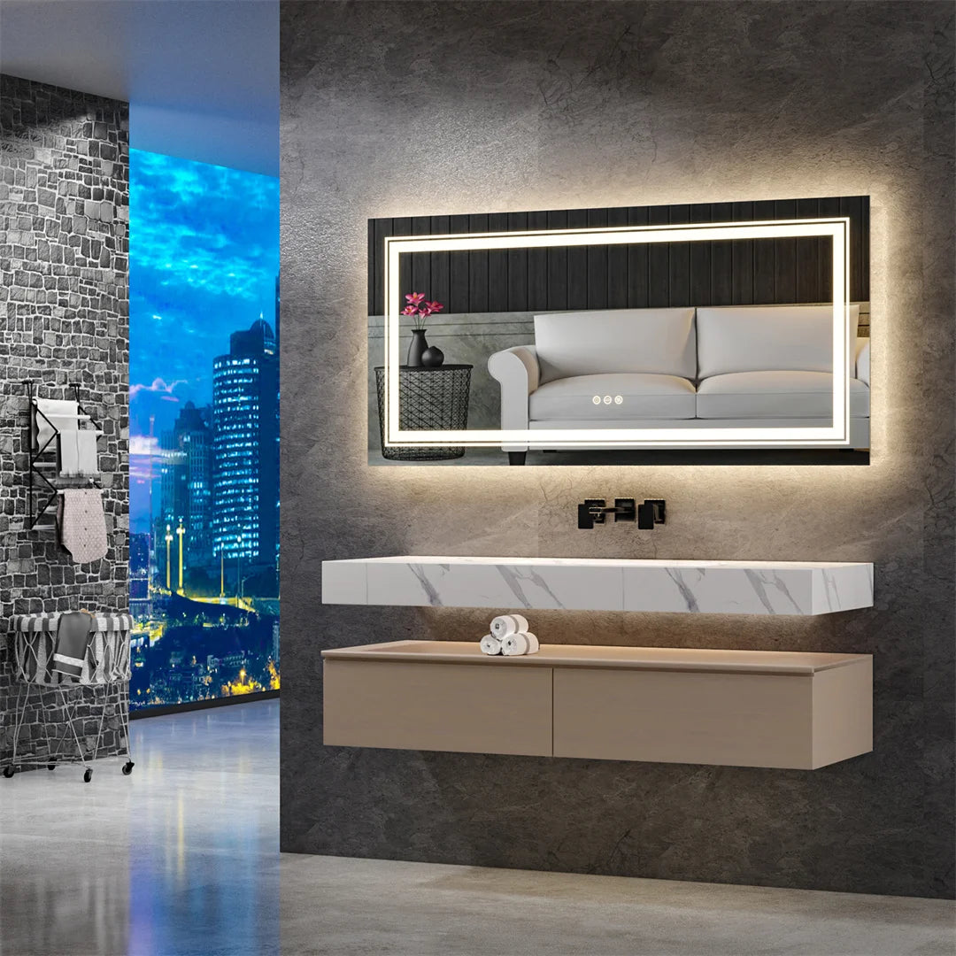 Large Full-Length Mirror for Bathroom Double Sink with 3-Color Lights Adjustable