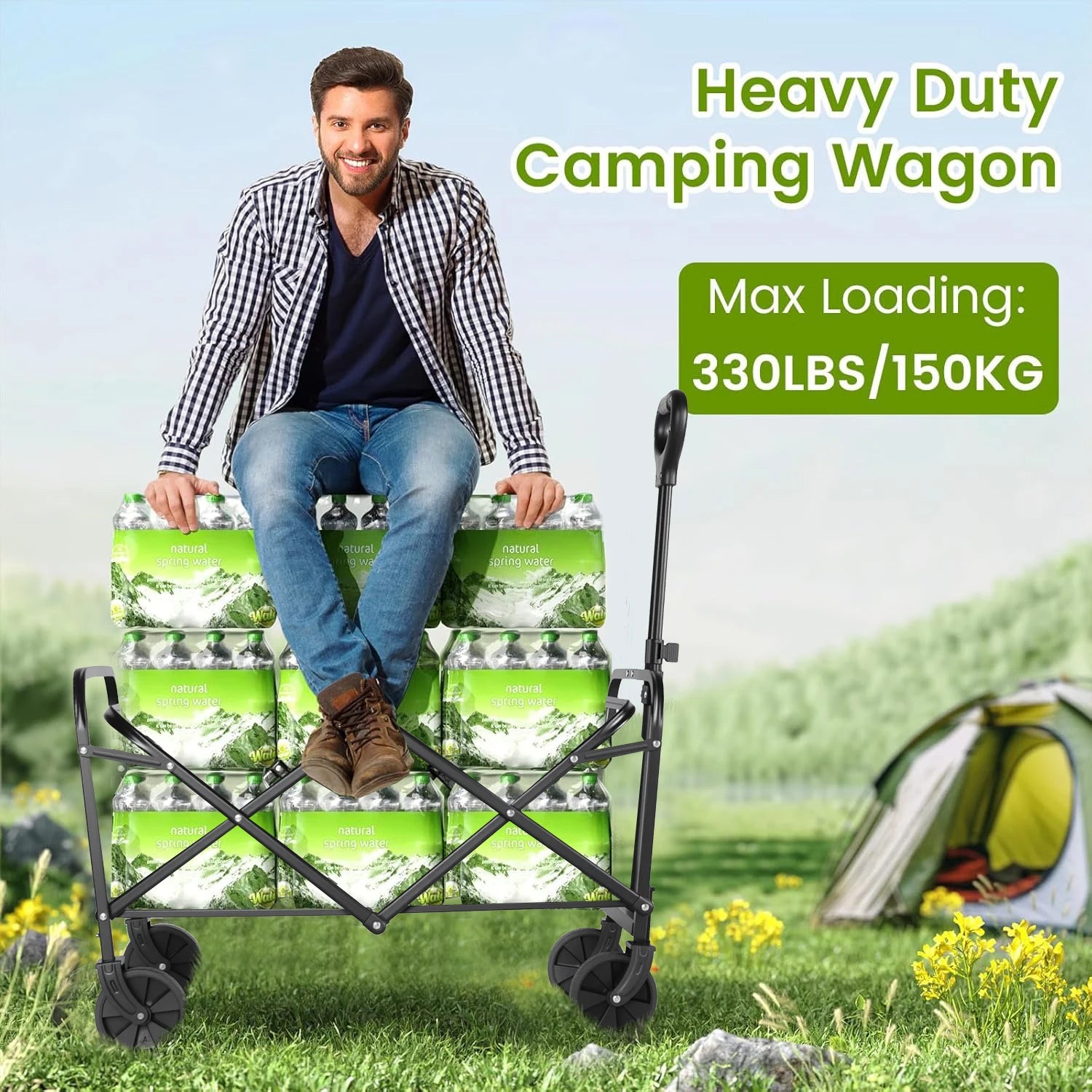 Heavy Duty Foldable, Portable Wagons for Groceries, Beach Cart with All-Terrain Wheels  Drink Holders