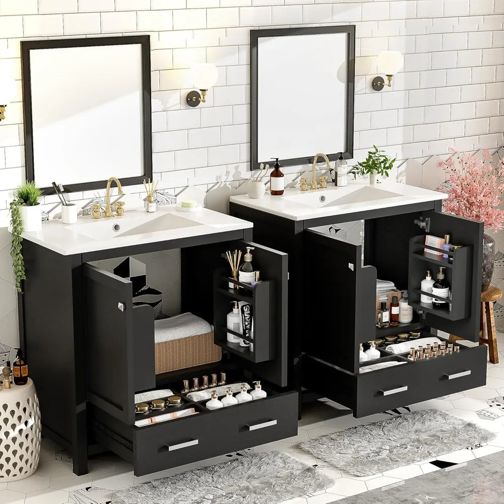 60" Bathroom Vanity with Double Sink, Solid Wood Bathroom Cabinet with 2 Drawers, Storage Racks & 2 Cabinets, Separate Two 30 In
