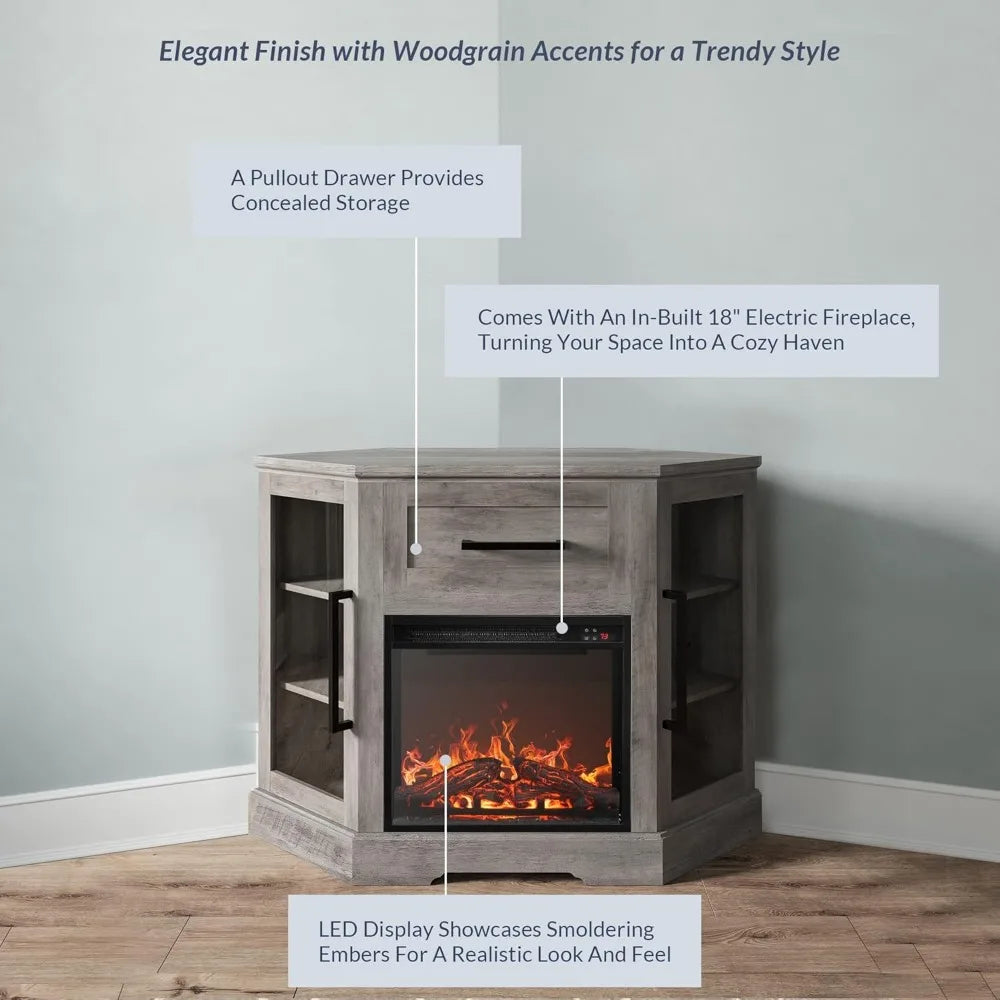 Corner TV Stand with 18" Electric Fireplace Heater for TVs up to 43"