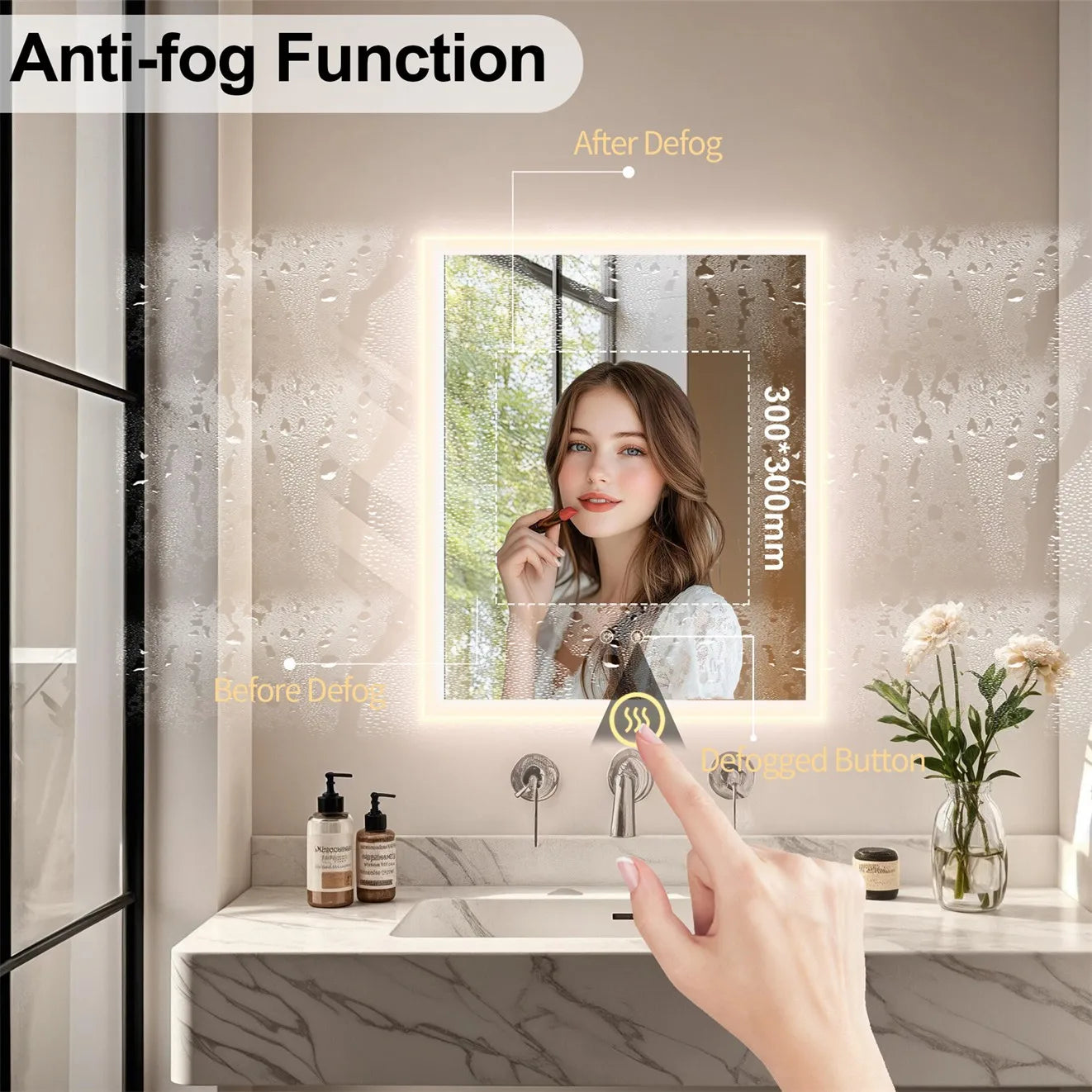 Wall Mirror w Anti-fog, Dual buttons, Memory, Tri-color light, Touch Dimmable