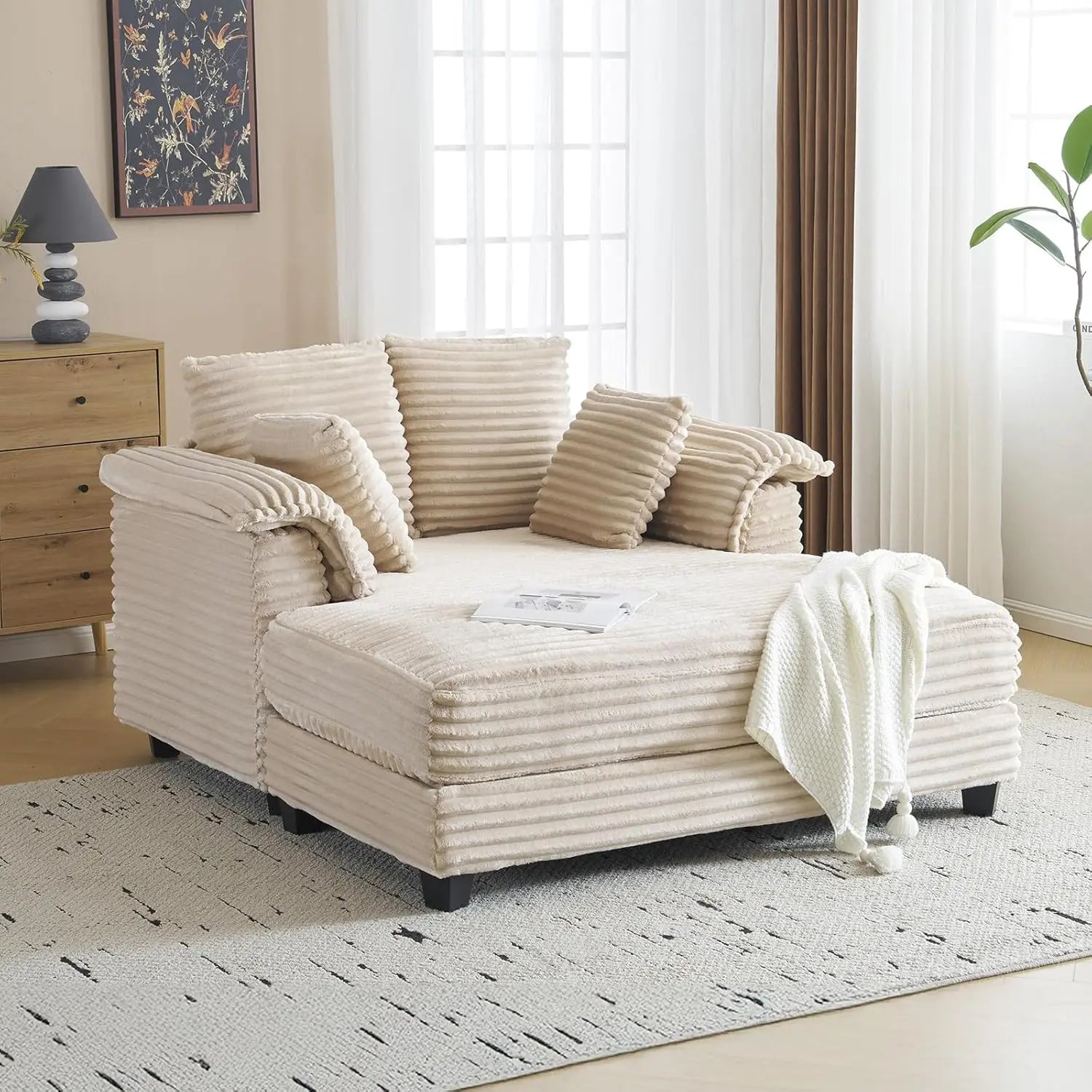 56" Oversized Chaise Lounge Chair, Black Comfy Corduroy Chaise Sofa Recliner Bed with Throw Pillow
